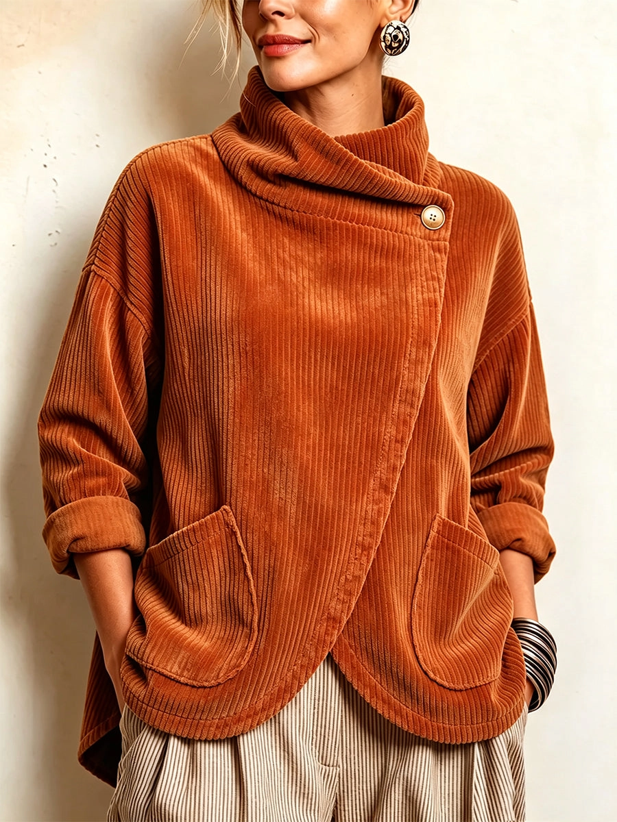Comfortable asymmetrical buttoned decorative corduroy blouse