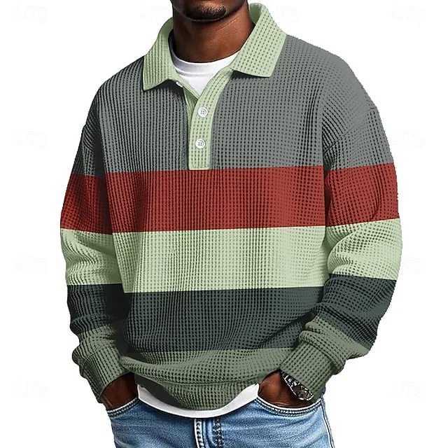 Men's horizontal striped waffle knit long-sleeved Polo shirt
