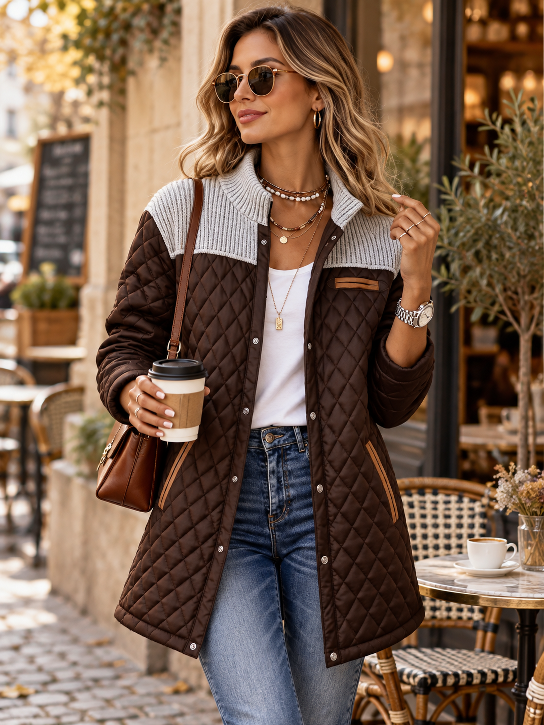Vintage Elegant Knit Patchwork Pu Quilted Coat