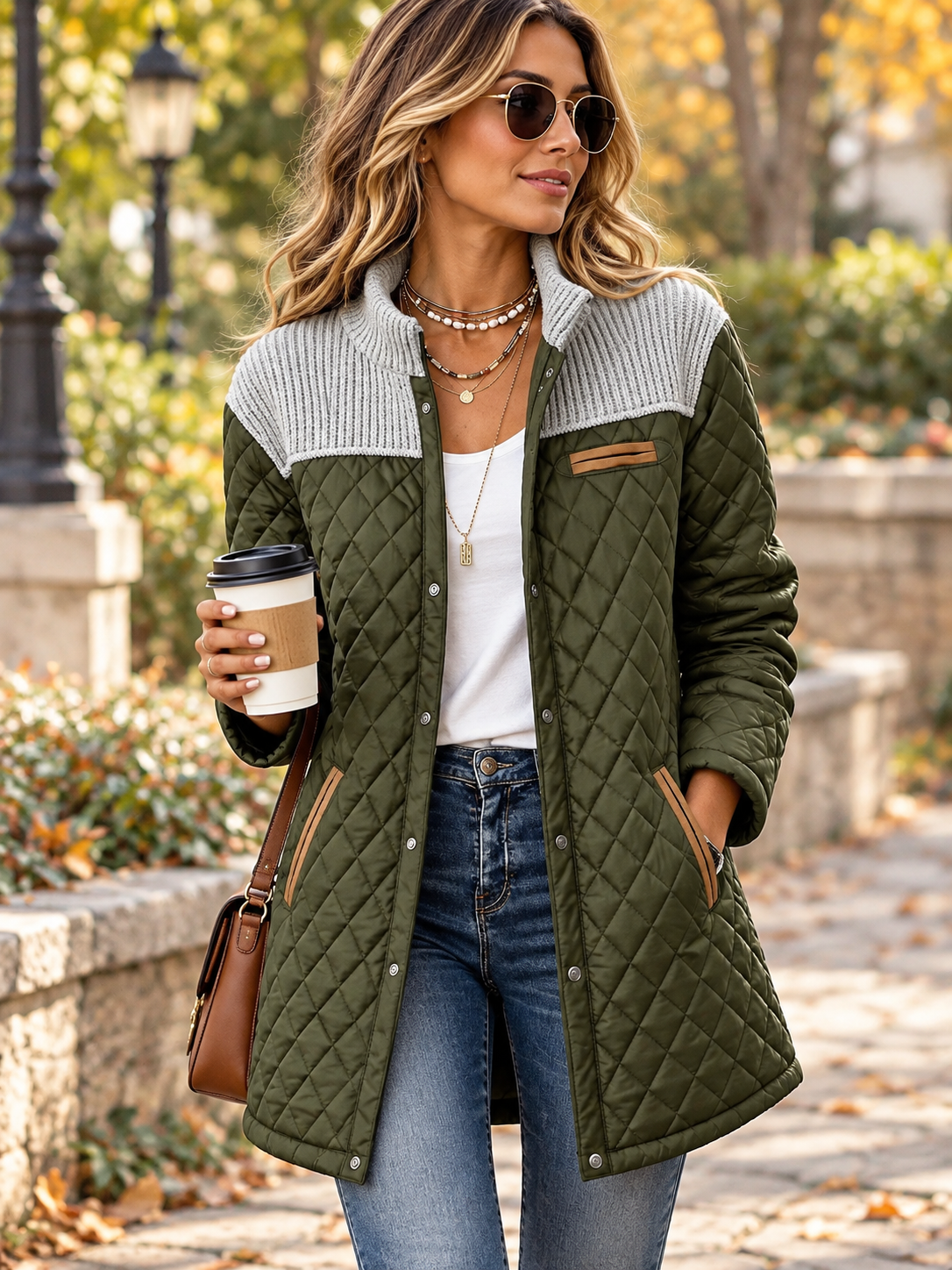 Vintage Elegant Knit Patchwork Pu Quilted Coat