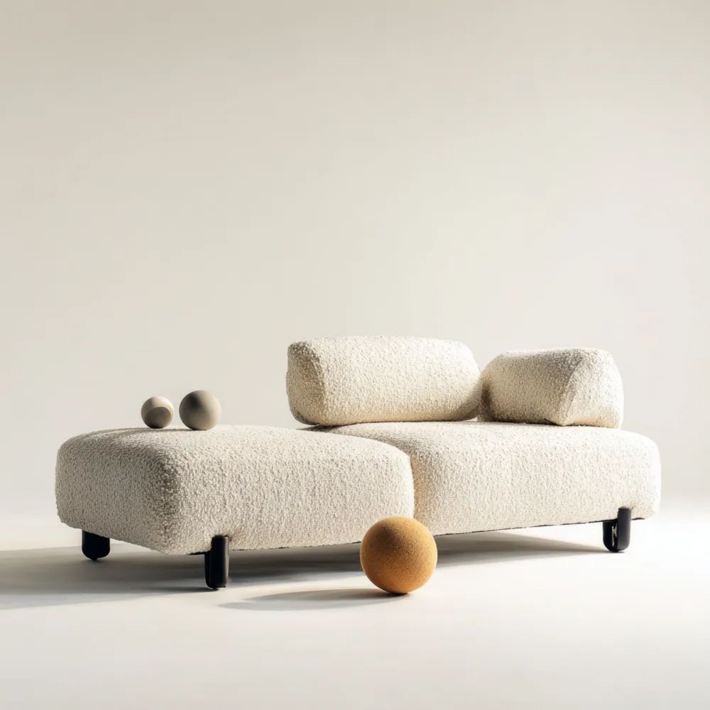 Divano componibile 200x90x65 cm in tessuto bouclé – Bianco sporco-Aestorano