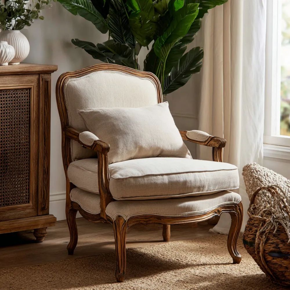 Poltrona imbottita in legno 70x75x90 cm – Crema – Stile Classico-Aestorano