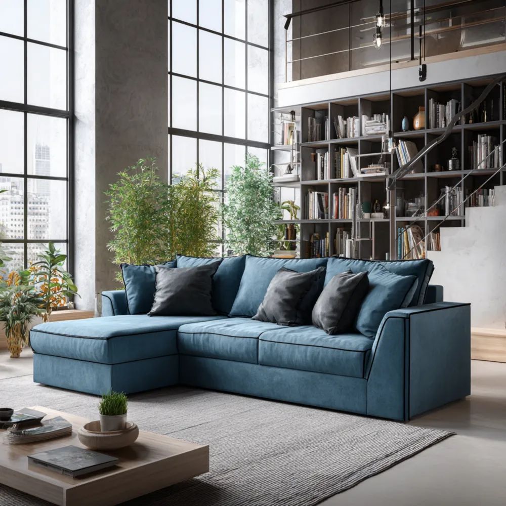 Divano angolare in tessuto 250x150x85 cm - Blu - Design moderno-Aestorano