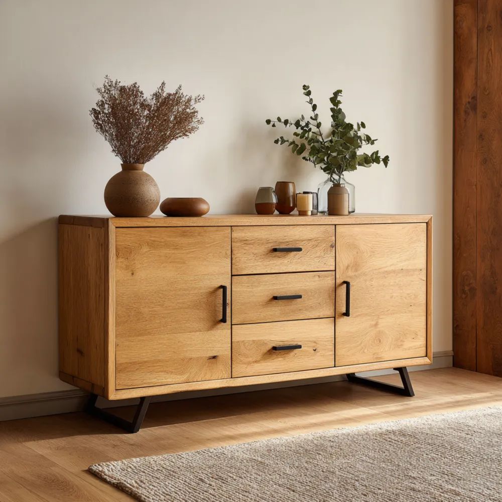 Credenza in legno massello con 2 ante e 3 cassetti – 150x40x85 cm – Design rustico-Aestorano