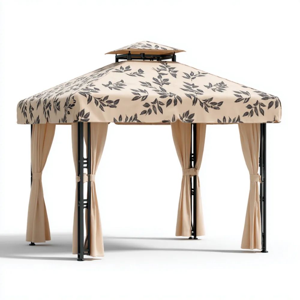 Gazebo da Giardino Metallo 300x300x250 cm – Beige con Motivi a Foglie-Clayoriva