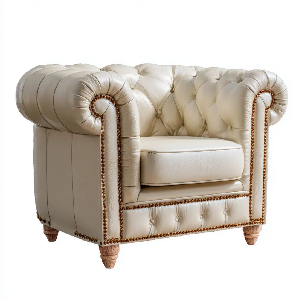 Poltrona in pelle imbottita stile Chesterfield 100x90x75 cm - Bianco Crema - Design Tradizionale-Clayoriva