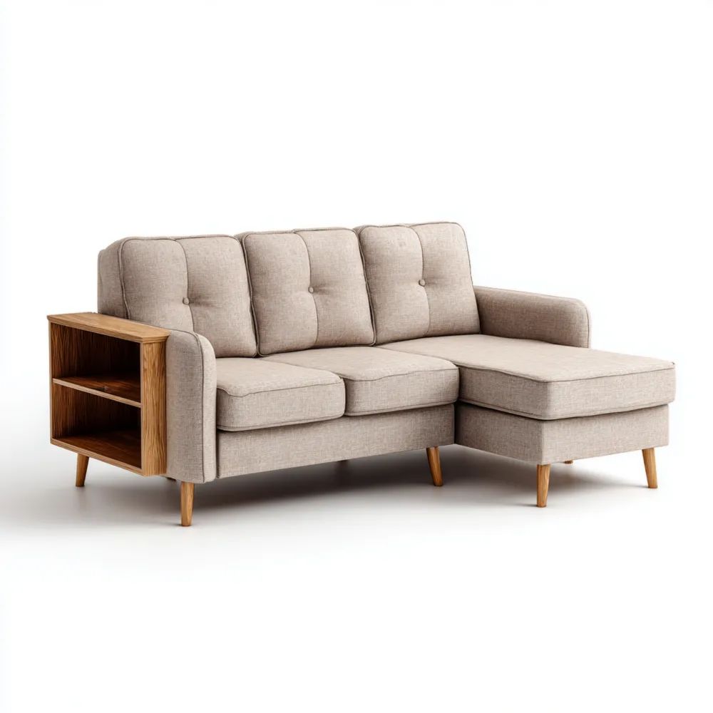 Divano angolare in tessuto 200x150x85 cm - Beige - Design moderno con scaffale incorporato-Clayoriva