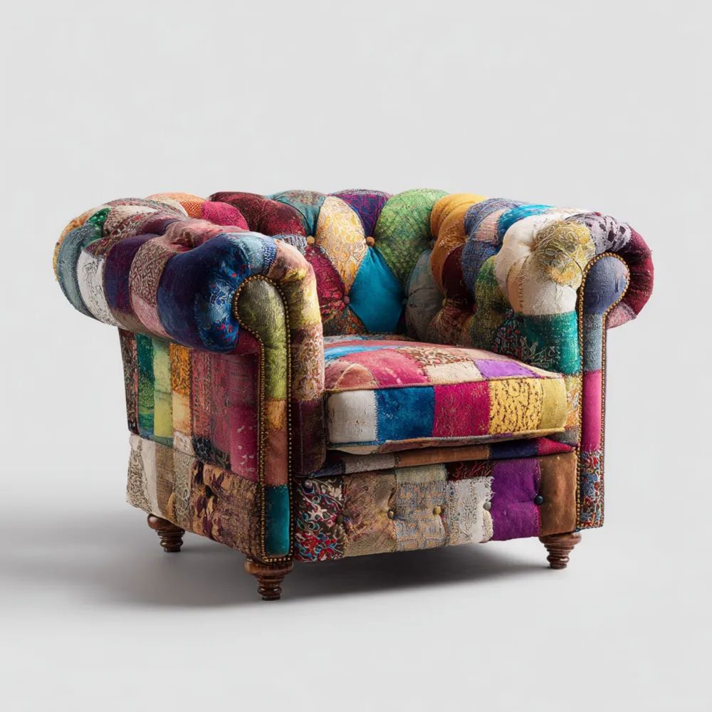 Poltrona Patchwork Multicolore in Tessuto 95x95x70 cm – Design Vintage-Clayoriva