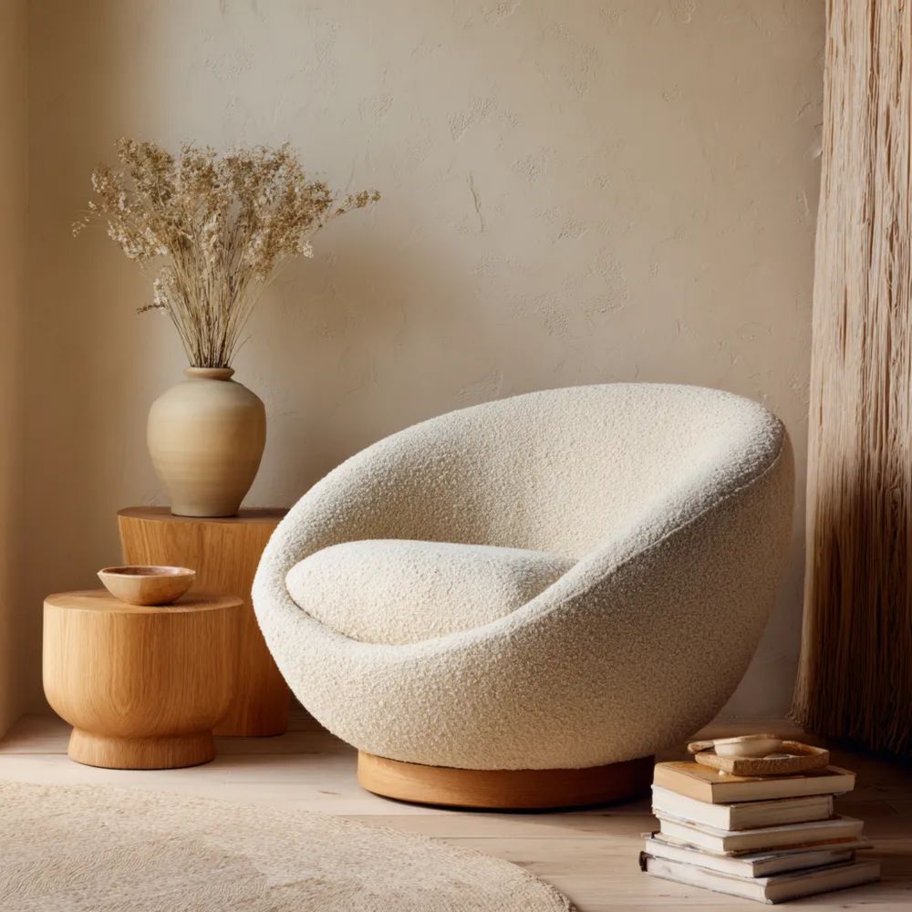 Poltrona rotonda in tessuto bouclé Crema 80x85x75 cm - Design moderno-Clayoriva