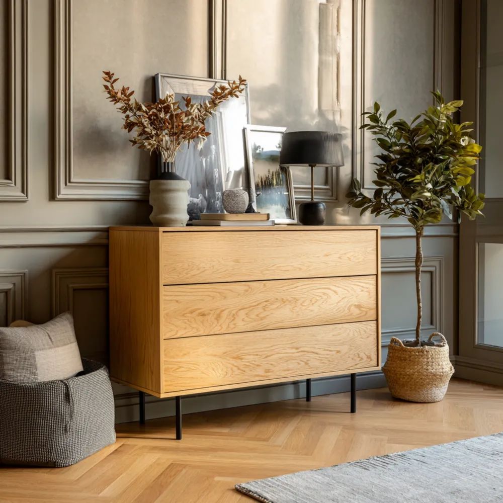 Cassettiera in Legno Massello Moderna 90x40x80 cm - Quercia Chiara - Design Contemporaneo-Aurarino