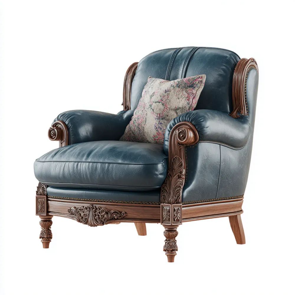 Poltrona in Pelle con Intagli in Legno 90x85x100 cm - Blu - Stile Classico-Aurarino