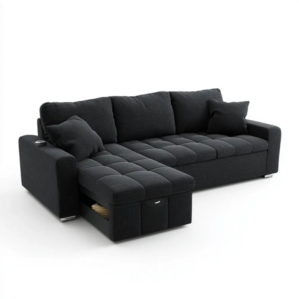 Divano Angolare Letto Tessuto 250x160x90 cm – Nero – Moderno-Aurarino