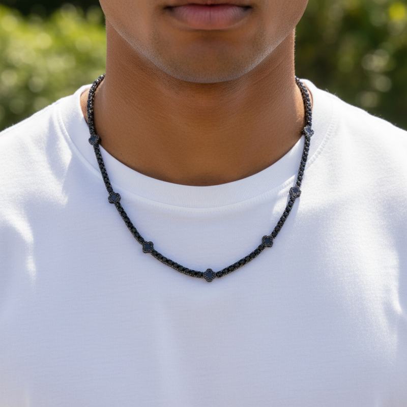 Iced Out Black Four Leaf Clover Tennis Chain