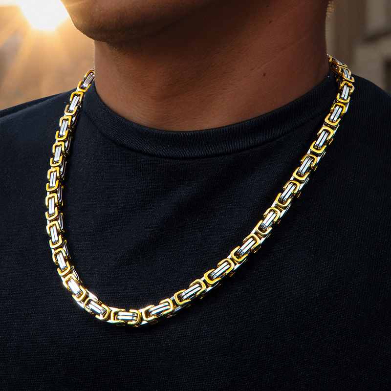8mm Gold & Silver Titanium Steel Byzantine Chain