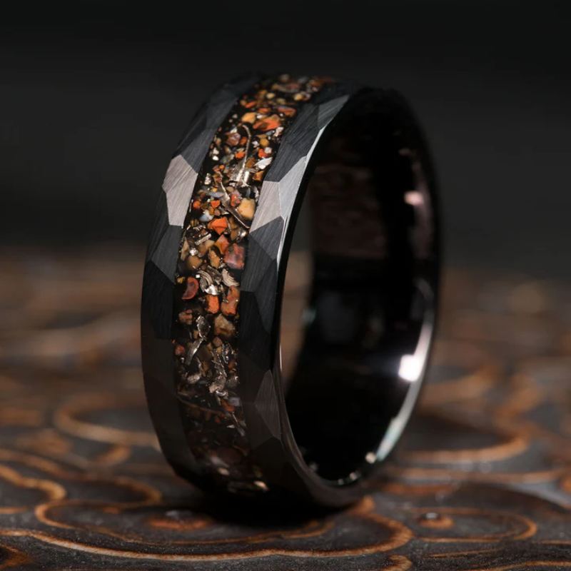 Tungsten Ring With Meteorite Dinosaur Bone Bands