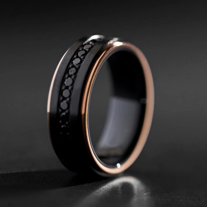 Tungsten Ring Rose Gold And Black Stones Inlay Legend Mens Band