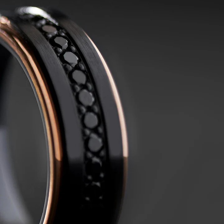 Tungsten Ring Rose Gold And Black Stones Inlay Legend Mens Band