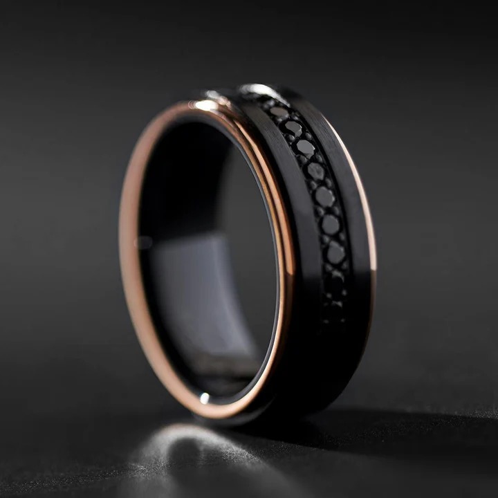 Tungsten Ring Rose Gold And Black Stones Inlay Legend Mens Band