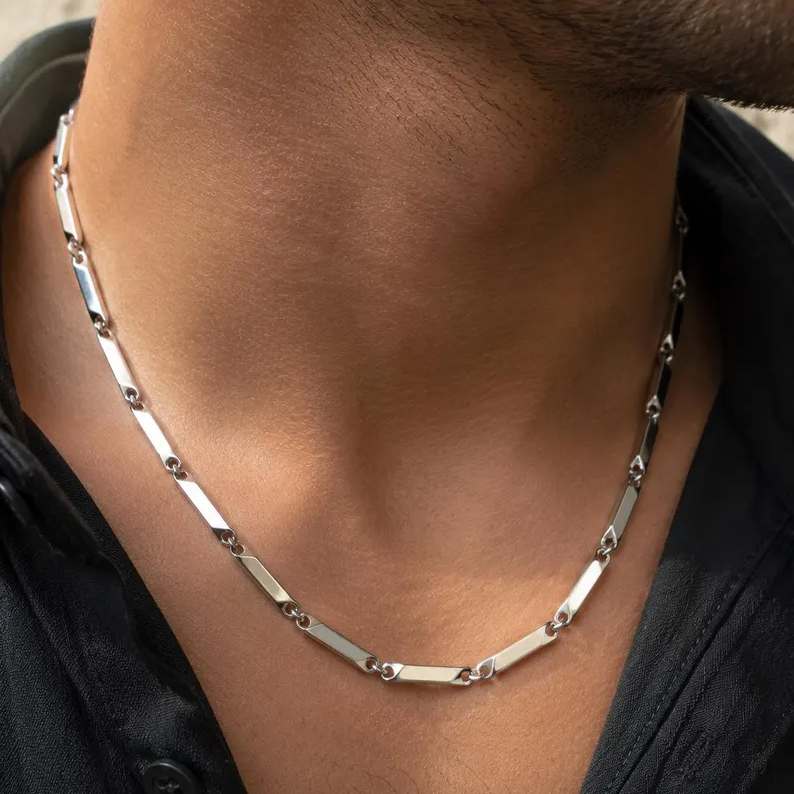 Mens Stainless Steel Twisted Bar Link Chain