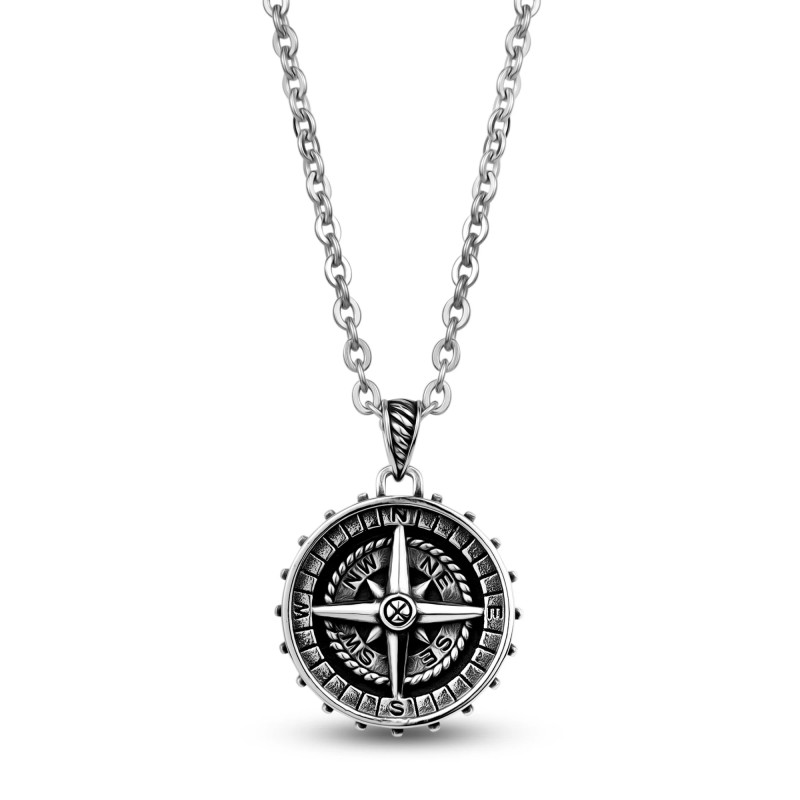 Mens Stainless Steel Detailed Compass Pendent Necklace