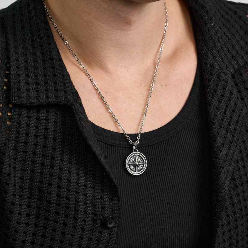 Mens Stainless Steel Detailed Compass Pendent Necklace