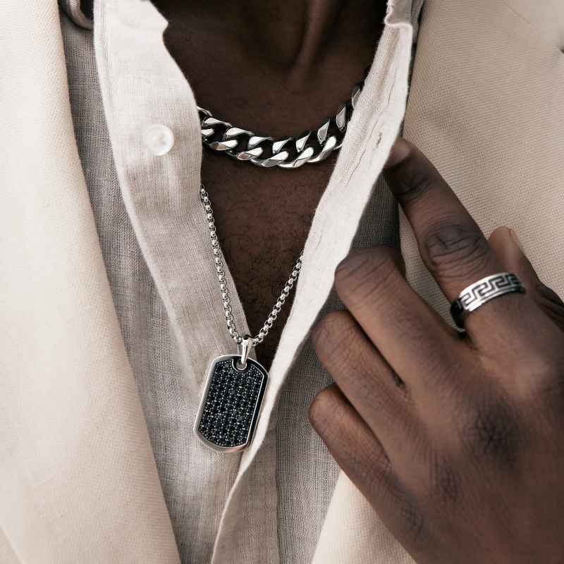 Ice Out Black Stone Dog Tag Stainless Steel Pendant Necklace