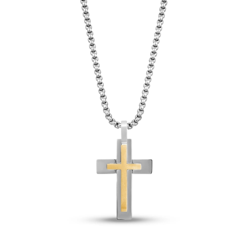 Matte And Shiny Two Tone Cross Pendant Necklace