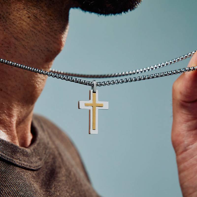 Matte And Shiny Two Tone Cross Pendant Necklace