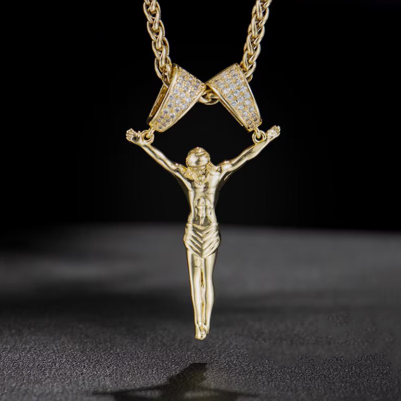 Detailed Yellow Gold Jesus Christ Pendant Men's Necklace