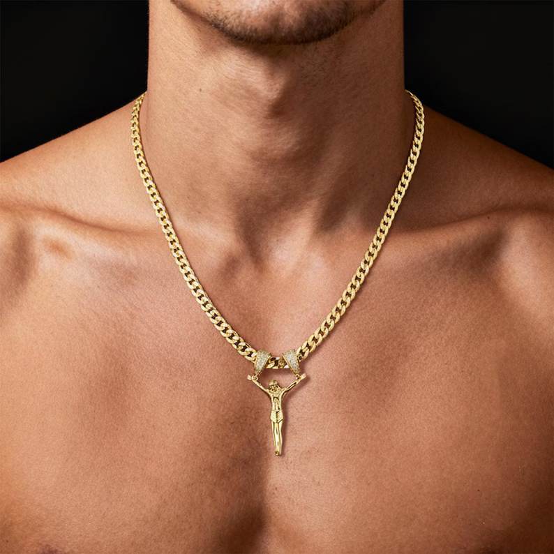 Detailed Yellow Gold Jesus Christ Pendant Men's Necklace