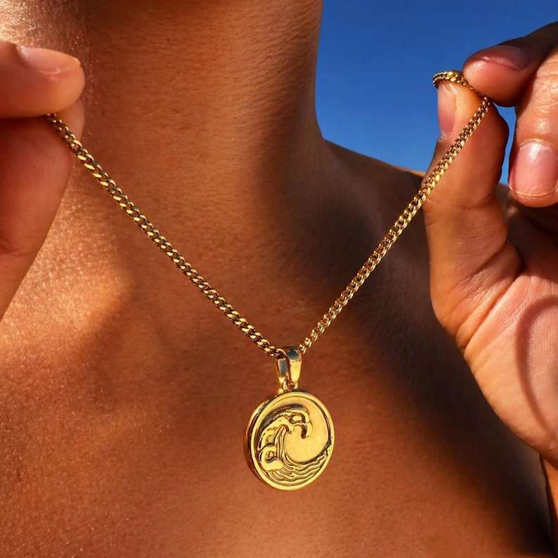 Yellow Gold Wave Surf Pendant Necklace For Men