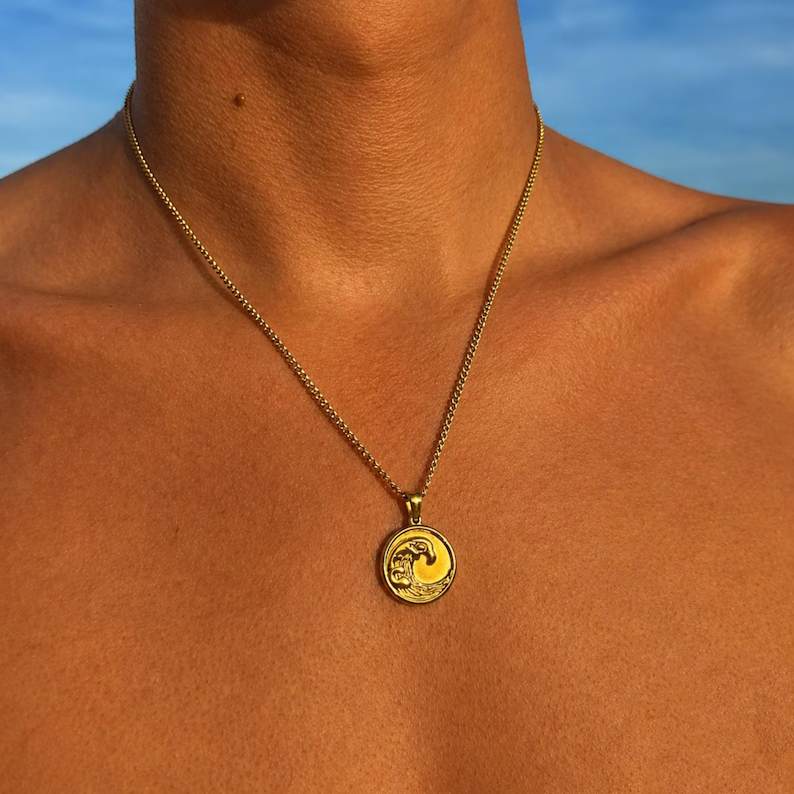 Yellow Gold Wave Surf Pendant Necklace For Men