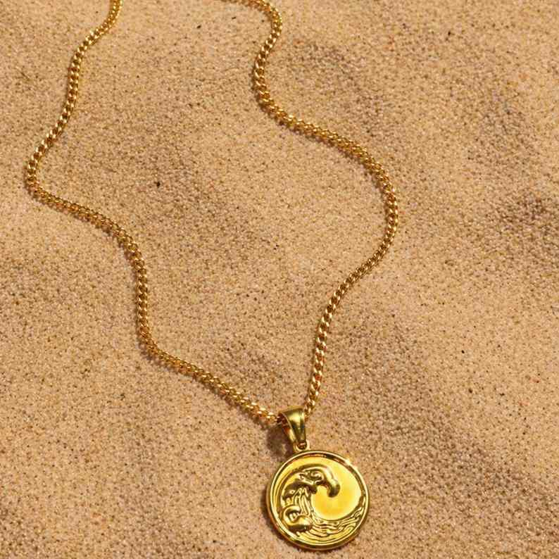 Yellow Gold Wave Surf Pendant Necklace For Men