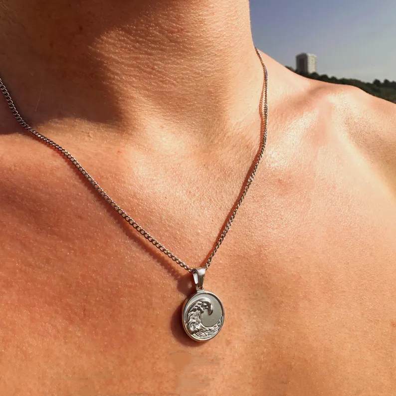 Yellow Gold Wave Surf Pendant Necklace For Men
