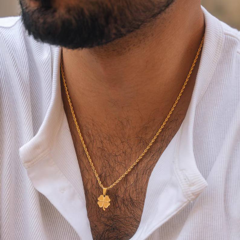 Mens 4 Leaf Clover Charm Pendant Necklace
