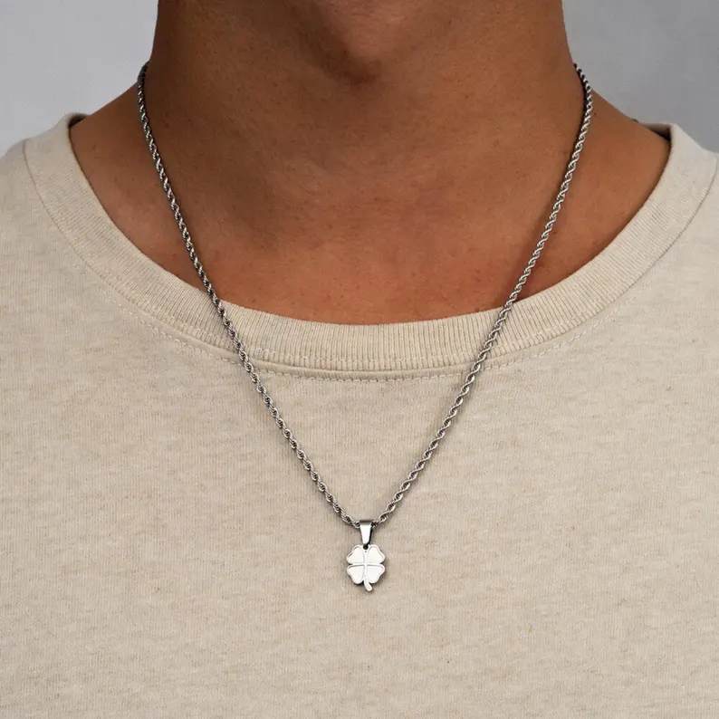 Mens 4 Leaf Clover Charm Pendant Necklace