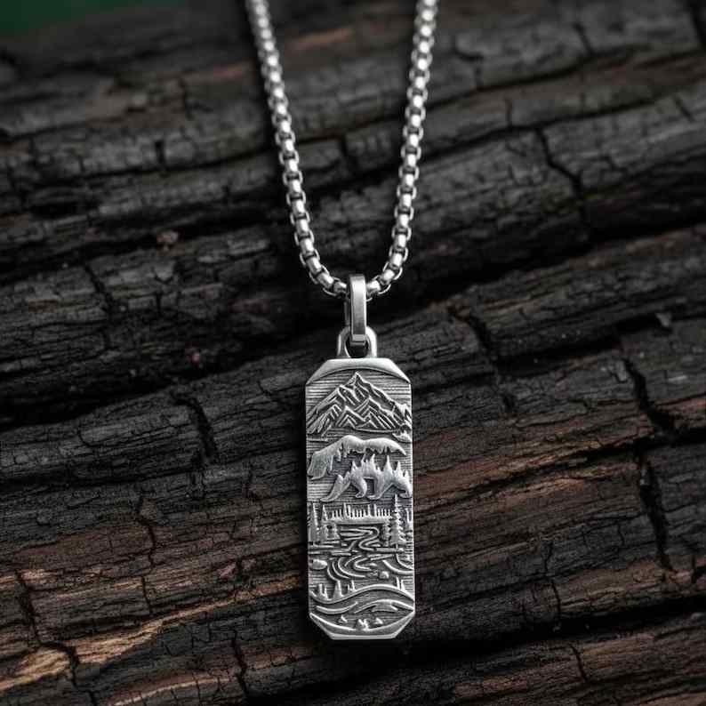 Men's Sterling Silver Bear Mountain Pendant Necklace