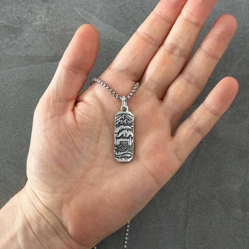 Men's Sterling Silver Bear Mountain Pendant Necklace
