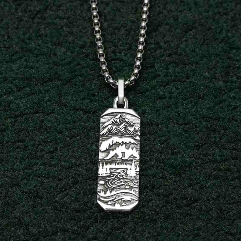 Men's Sterling Silver Bear Mountain Pendant Necklace