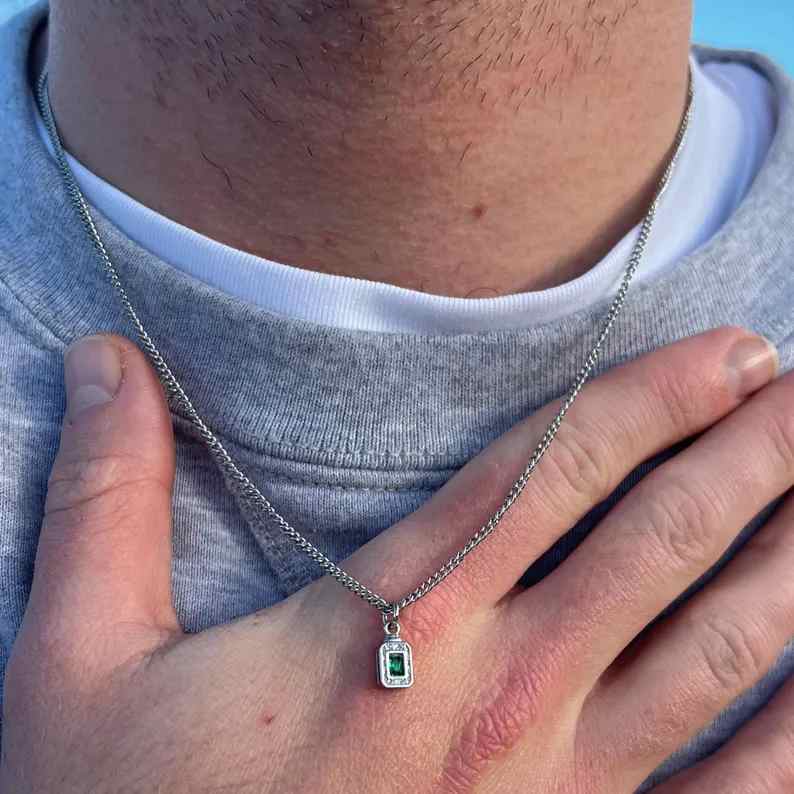 Men's Stainless Steel Emerald Green Stone Pendant Necklace