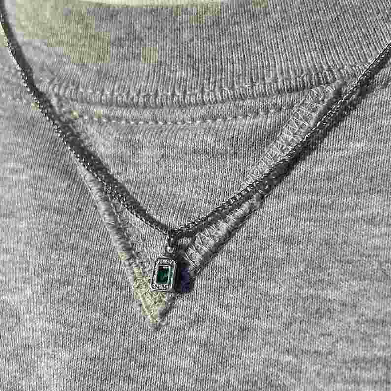 Men's Stainless Steel Emerald Green Stone Pendant Necklace