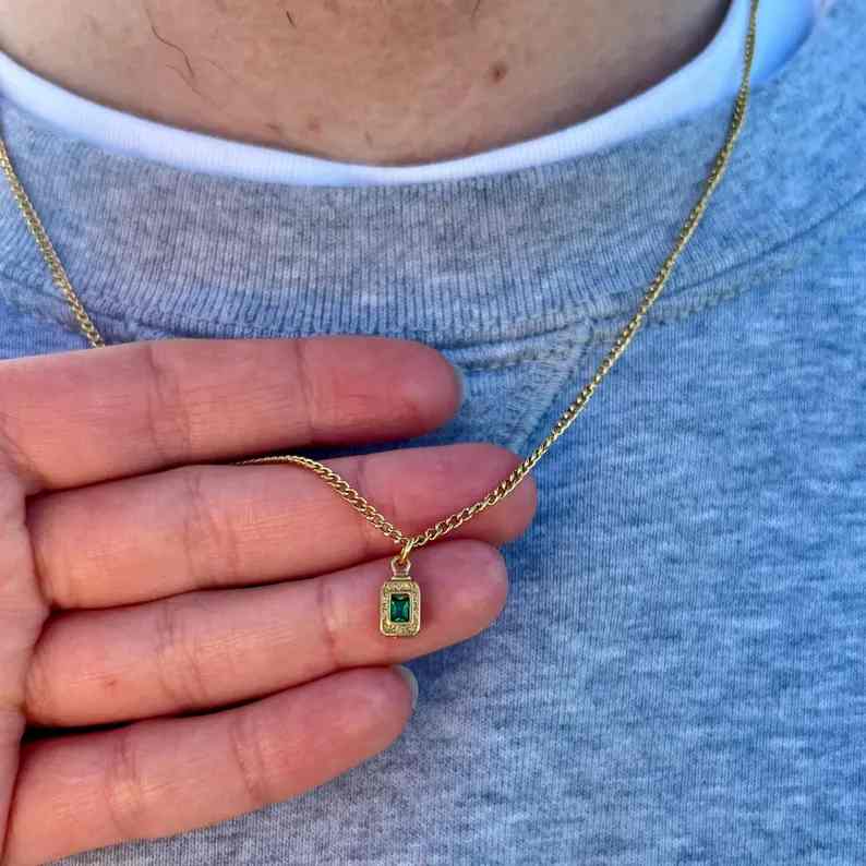 Men's Stainless Steel Emerald Green Stone Pendant Necklace