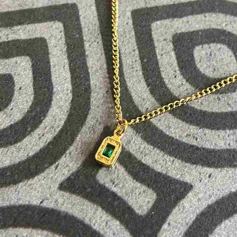 Men's Stainless Steel Emerald Green Stone Pendant Necklace