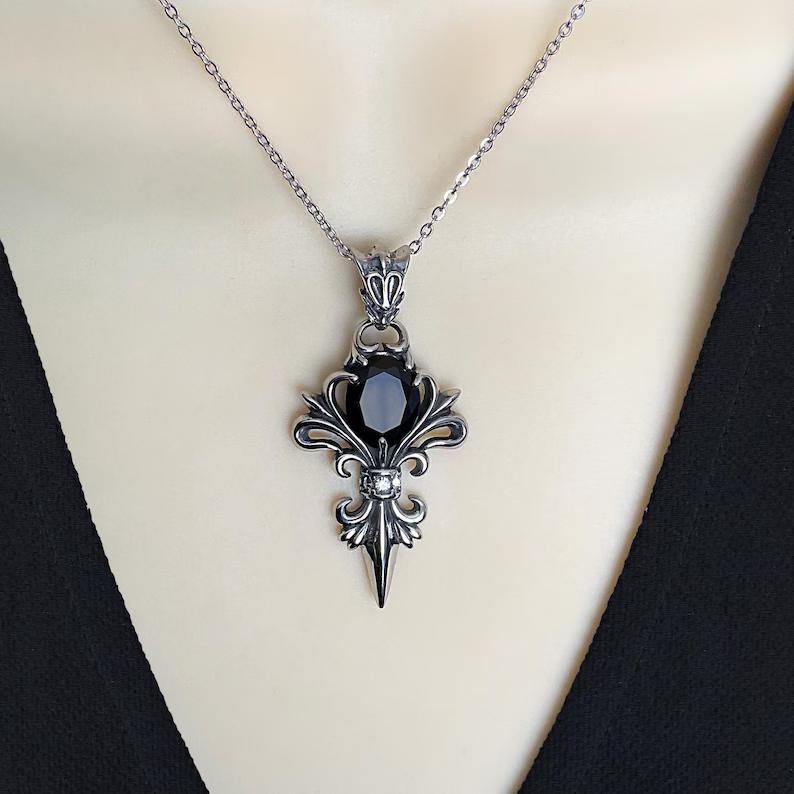 Men's Stainless Steel Black Stone Pendant Necklace