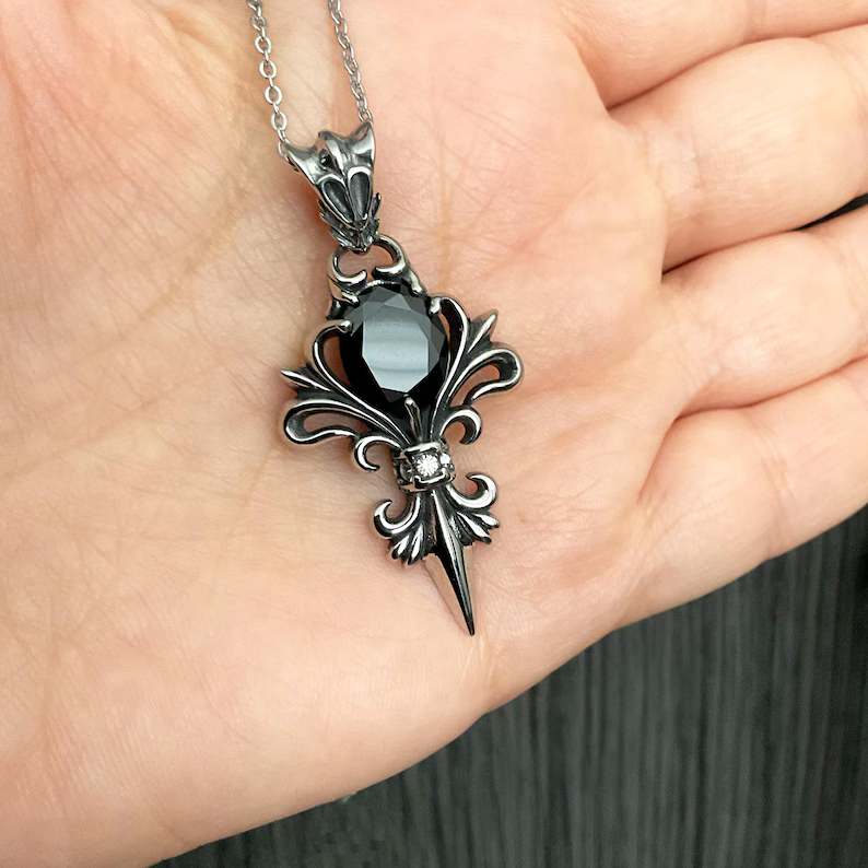 Men's Stainless Steel Black Stone Pendant Necklace