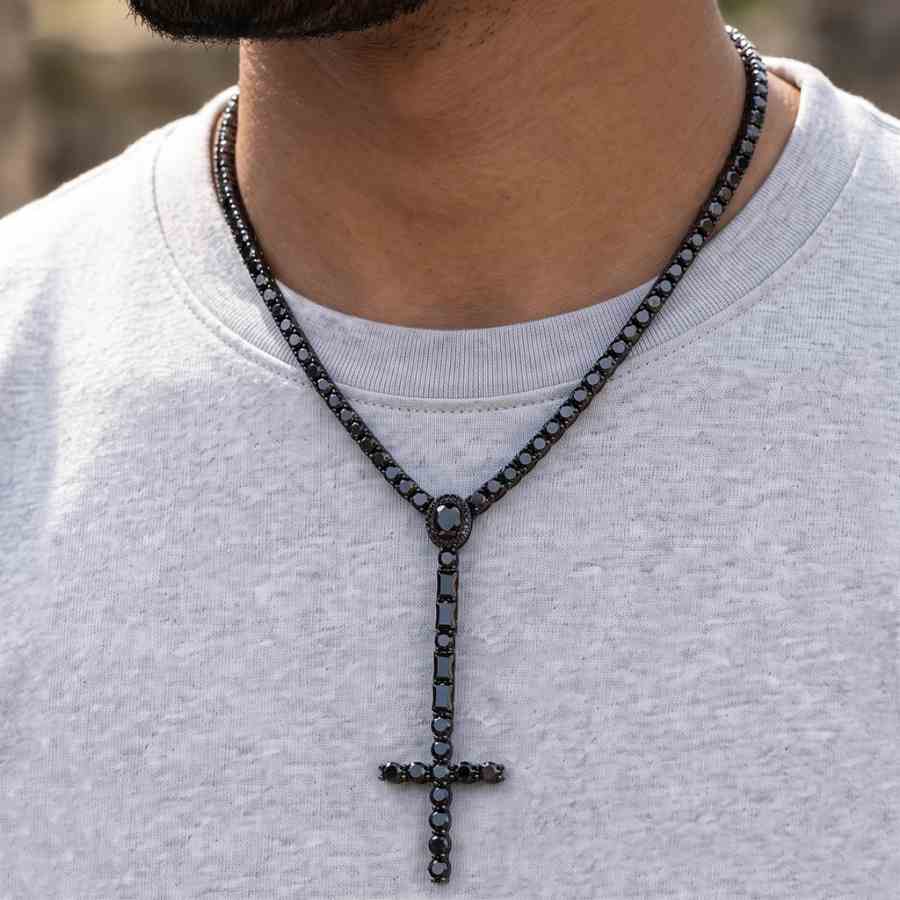 5mm Black Iced Out Cross Tennis Rosary Necklace
