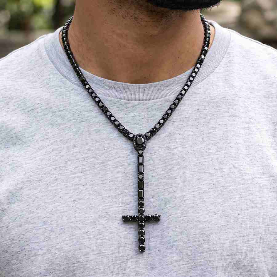 5mm Black Iced Out Cross Tennis Rosary Necklace