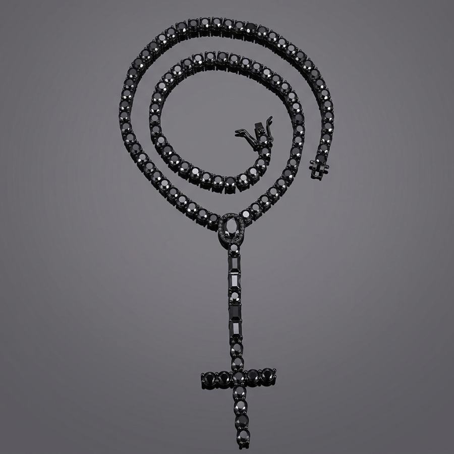 5mm Black Iced Out Cross Tennis Rosary Necklace