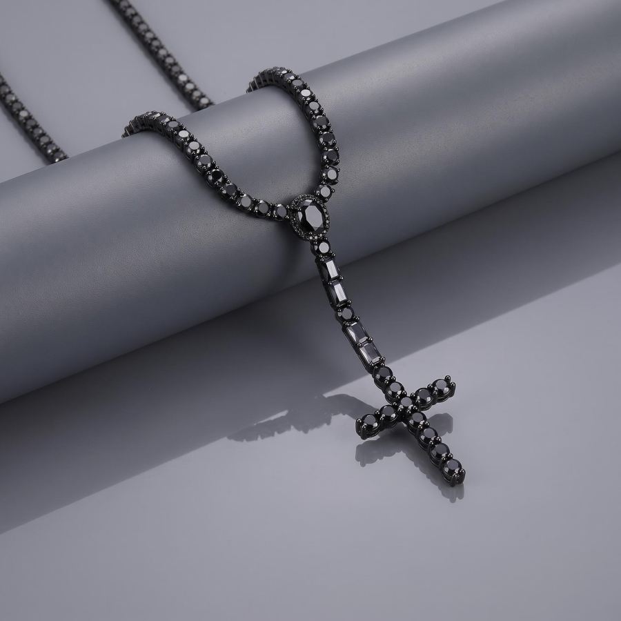 5mm Black Iced Out Cross Tennis Rosary Necklace