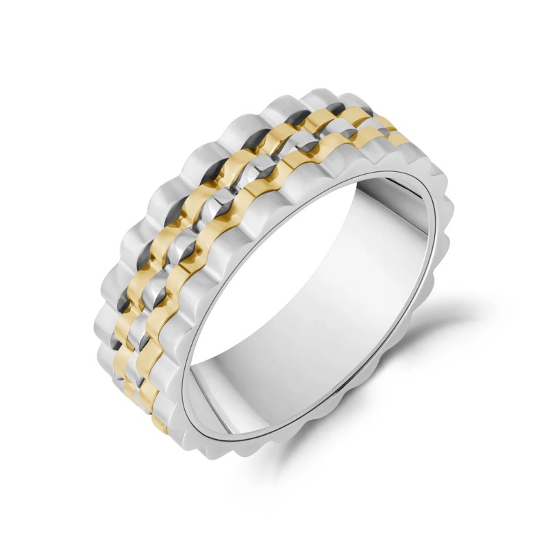 7MM Two Tone Ripple Link Band Mens Stainless Steel Ring